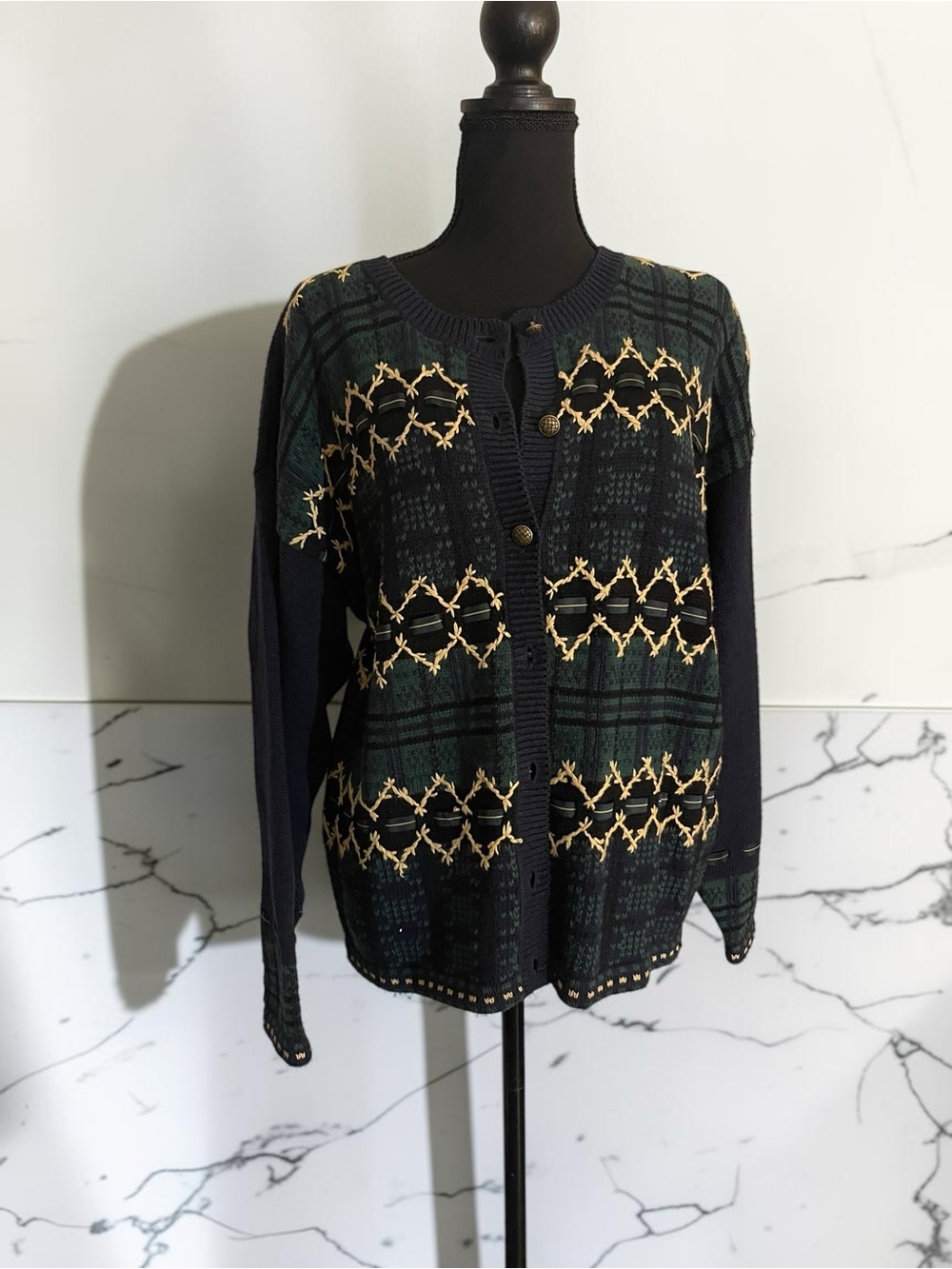 Vintage Christopher & Banks L Plaid Embroidered Cardigan Ramie Cotton Gold - Picture 2 of 7